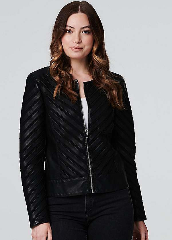 Collarless faux leather outlet biker jacket