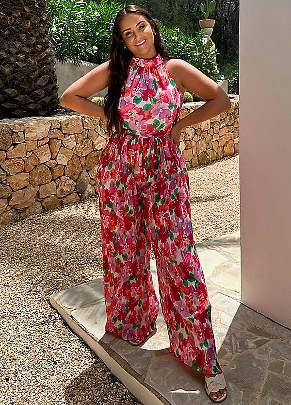 Coral Floral Print Plisse Sleeveless Wide Leg Jumpsuit by In The Style x  Jac Jossa