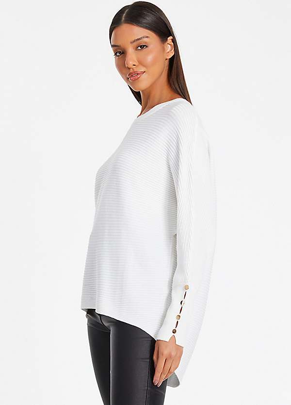 Cream Knit Button Sleeve Jumper by Quiz