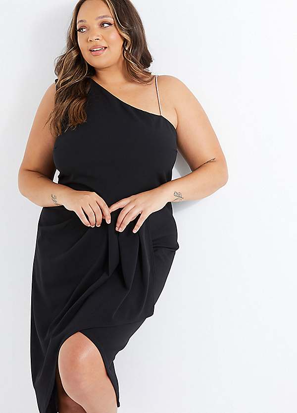 Curve Black Diamante Strap Asymmetric Midi Dress by Quiz