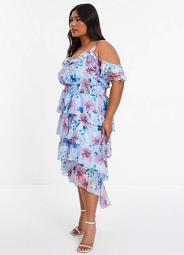 Quiz pink floral wrap dip hem dress best sale