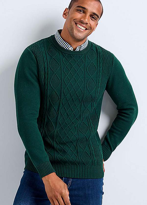Dark Emerald Crew Neck Cable Mock Shirt Jumper by Cotton Traders