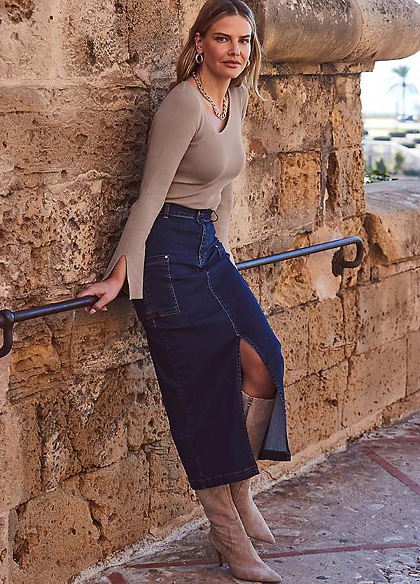 Dark Indigo Denim Pocket Detail Midi Skirt by Sosandar Look Again