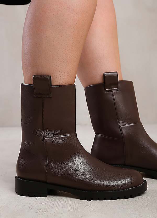 Delta Wide Fit Mid Calf Boots with Stitching Detail in Dark Brown