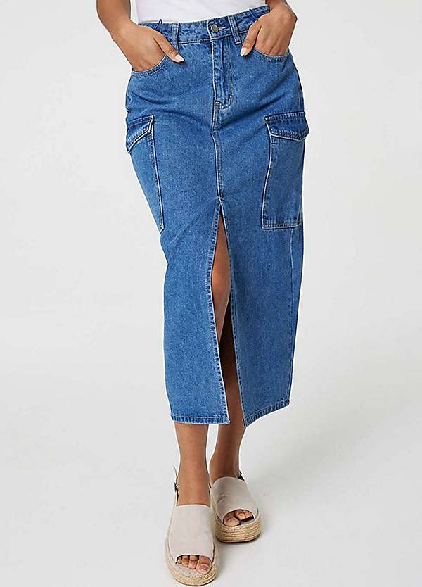 Denim Blue Denim High Waist Split Midi Skirt by Izabel London