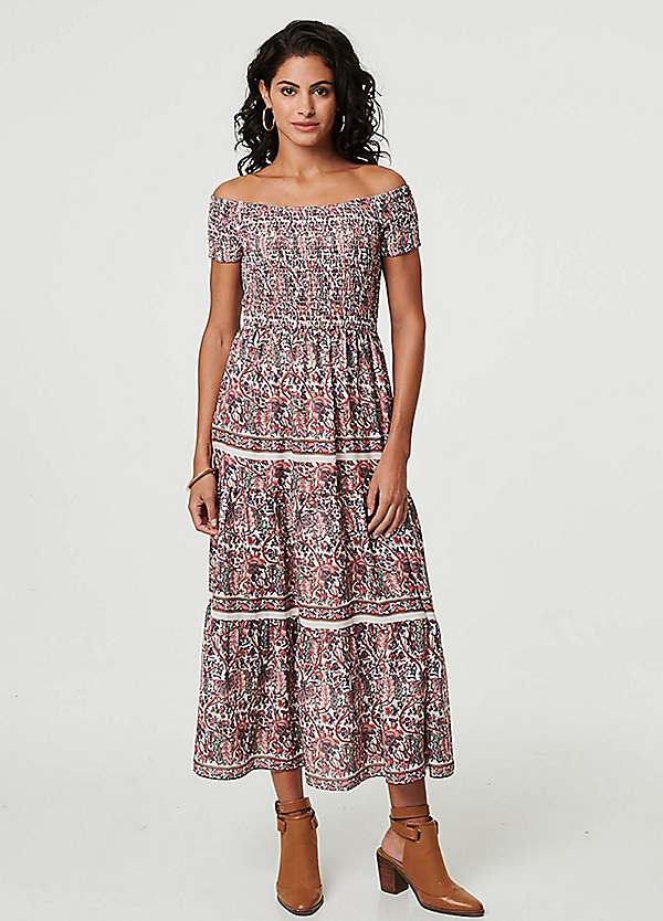 Bardot Floral Mock Dress M&Co Black White Floral Print Bardot Split Hem Midi Dress M&Co