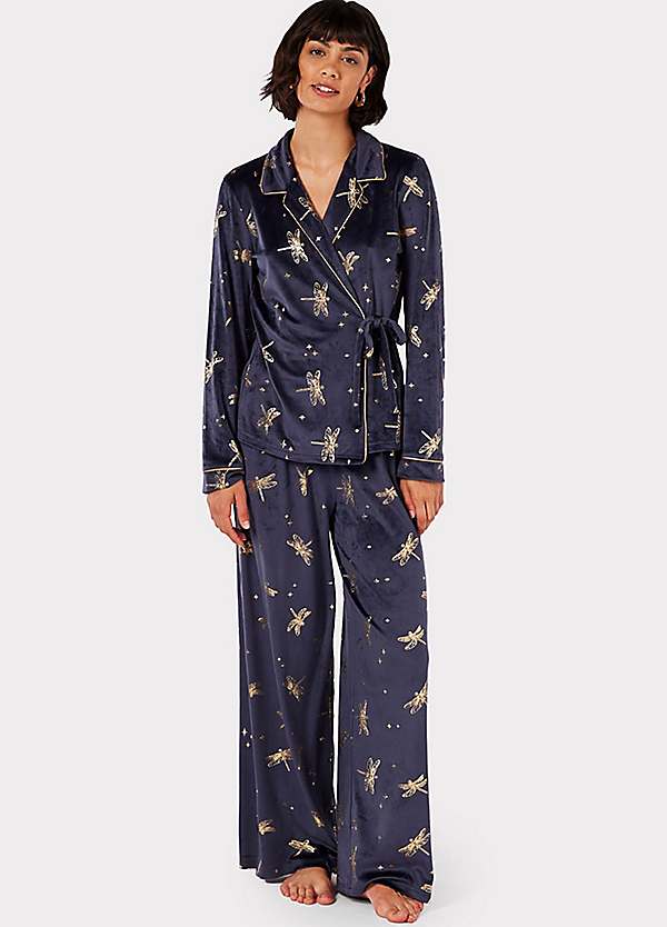 Dragonfly Print Velour Blazer with Wide Leg Bottoms Pyjama Set by Chelsea  Peers NYC | Look Again
