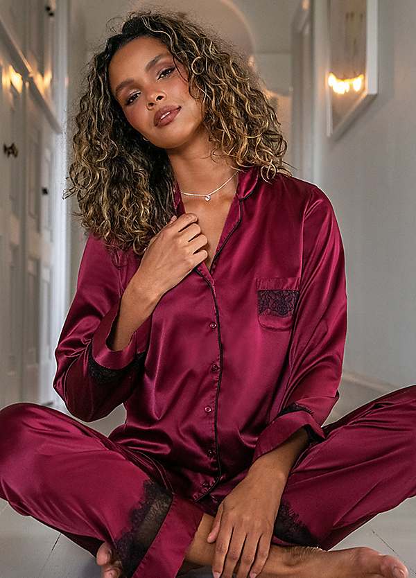 Dusk Satin Lace Revere Collar Pyjama Set by Pour Moi Look Again