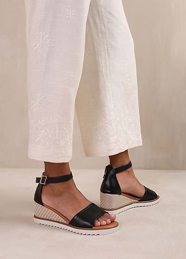 Dusk Wedge Sandals with Buckle Ankle Strap in Black PU by Where's