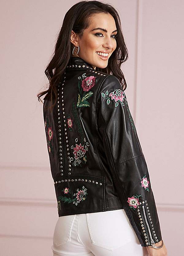 Studded embroidered 2025 leather jacket