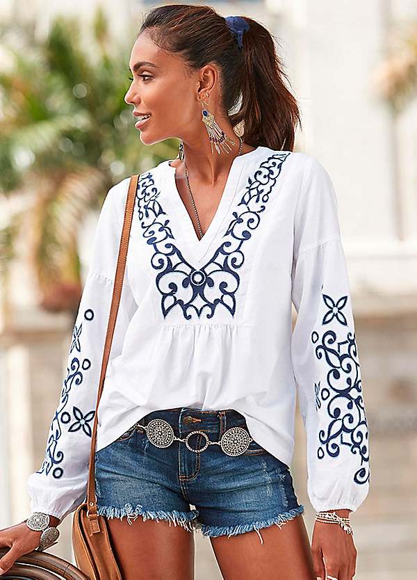 Embroidered V-Neck Long Sleeve Blouse by LASCANA