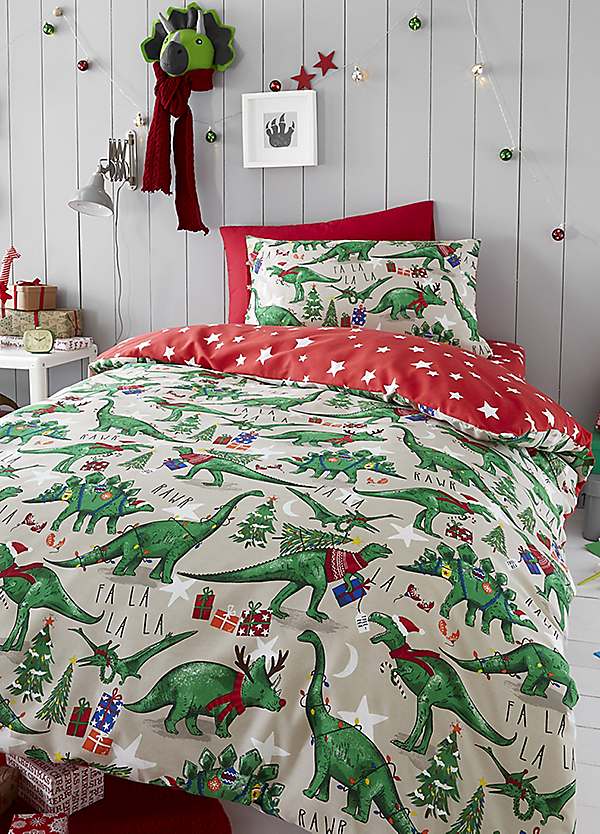 Festive Glow in the Dark Dino Reversible Duvet Cover Set by Happy Linen Co. Look Again