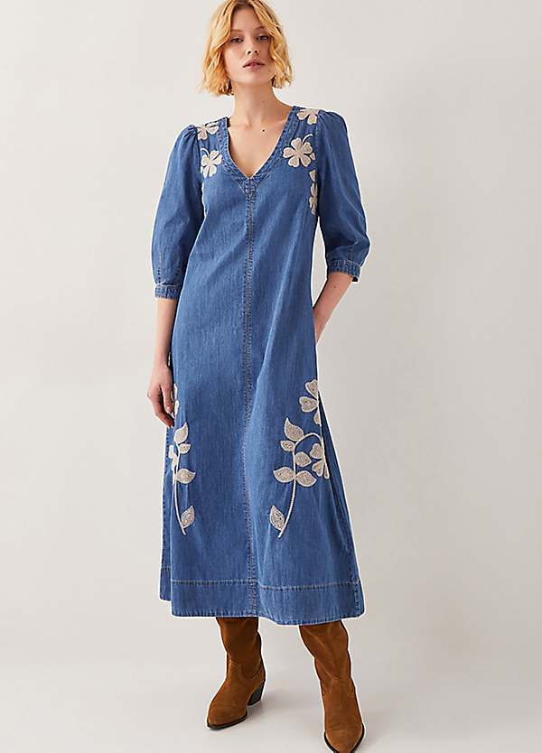 Monsoon Floral Embroidered Denim Midi Dress Monsoon Floral Embroidered Denim Midi Dress