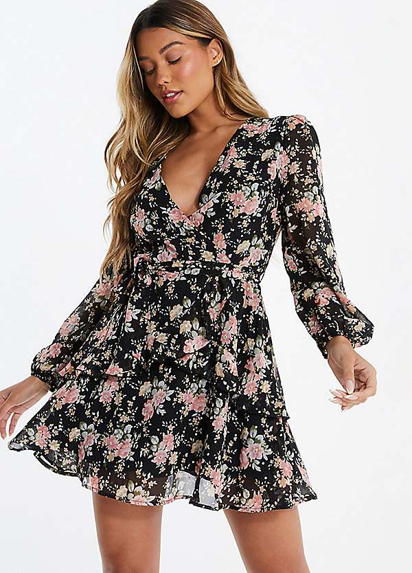 Floral Long Sleeve Wrap Skater Dress by Quiz