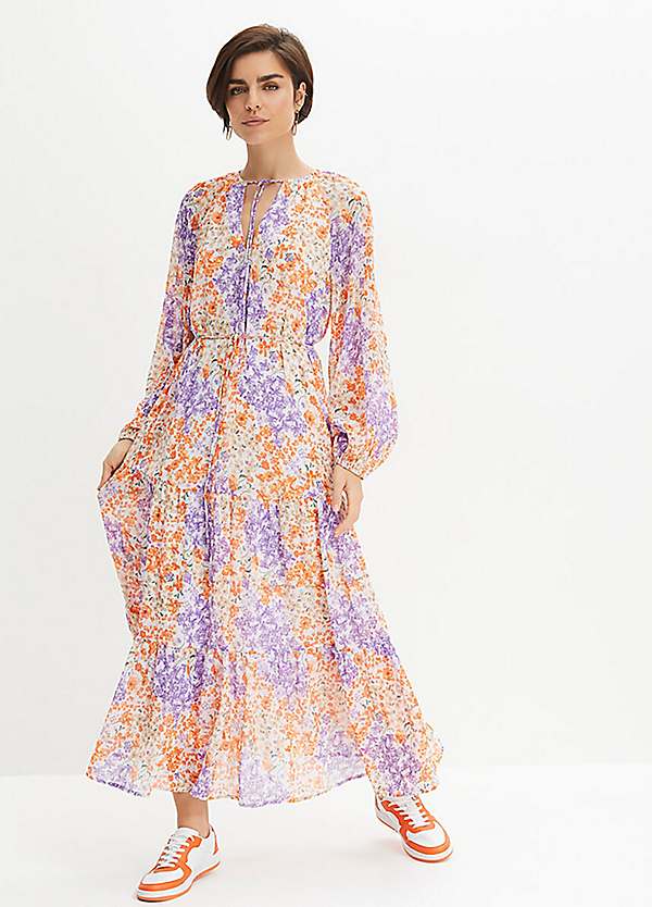 summer flowy maxi dress Floral Printed Chiffon Ruffle Maxi - Blue