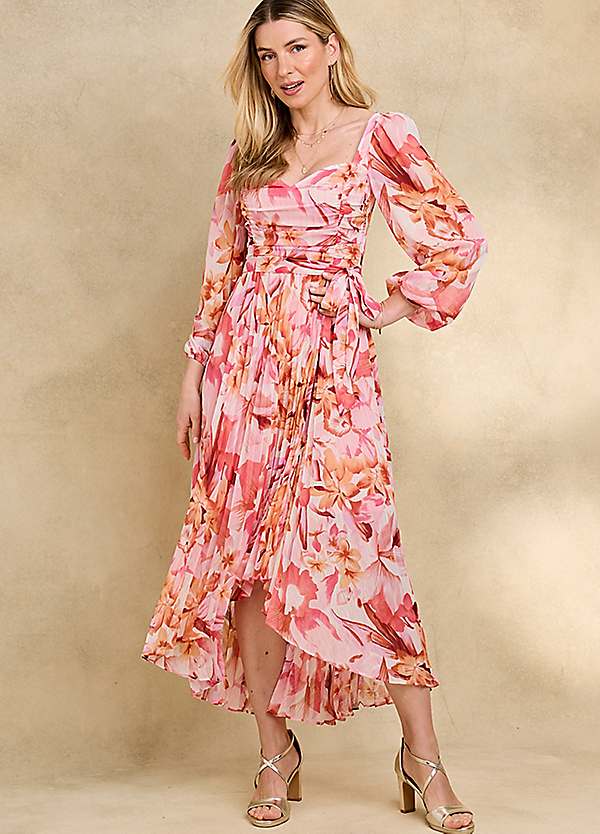 Pleated floral maxi dress hotsell