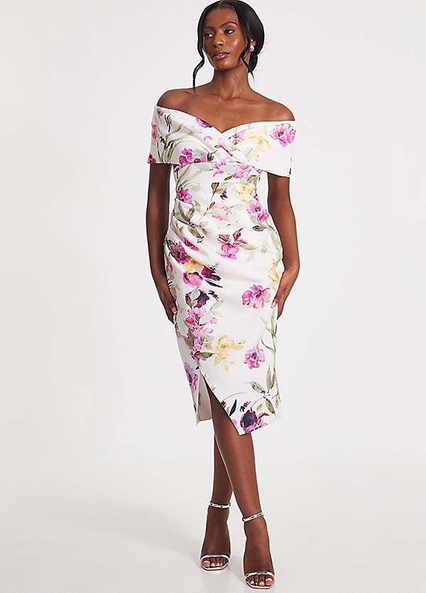 Floral Scuba Foam Bardot Midaxi Dress by Quiz Look Again