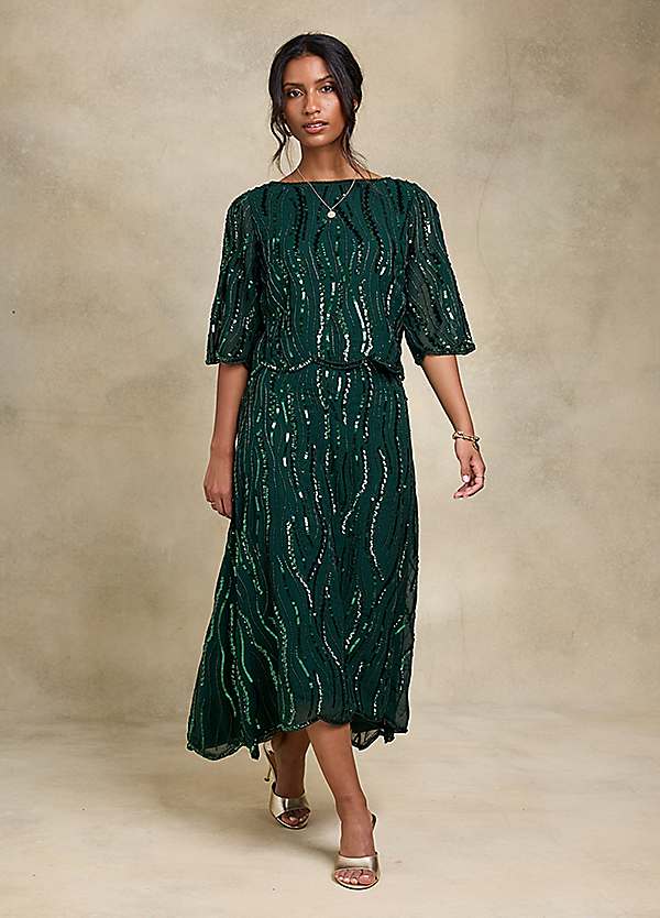 forest green high low dress Baltic Born Womens Marseille Embossed Maxi Dress | Green main image 0