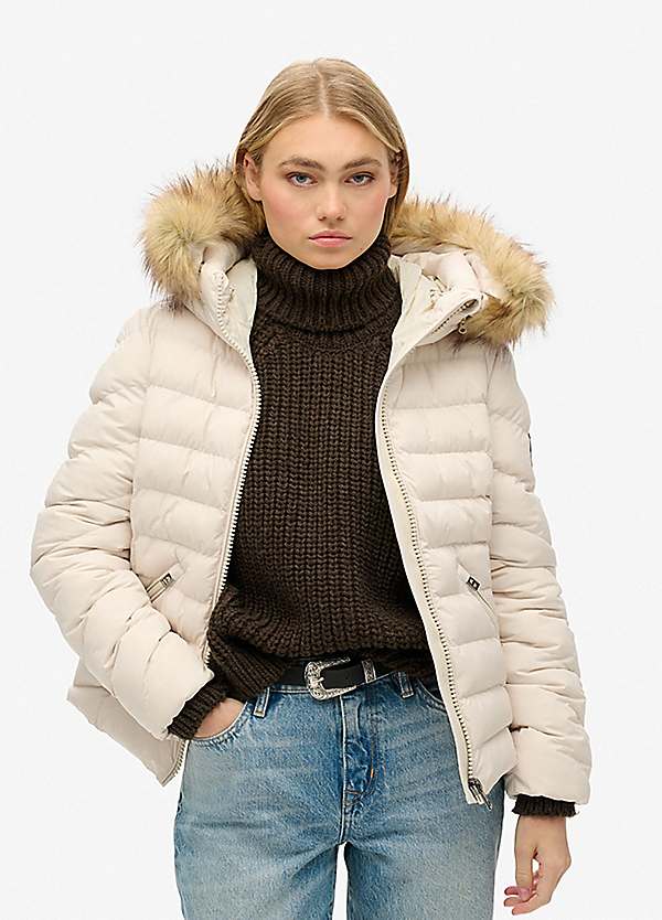 Brown Superdry Womens Lightweight Jacket Fuji Faux Fur Hood Padded