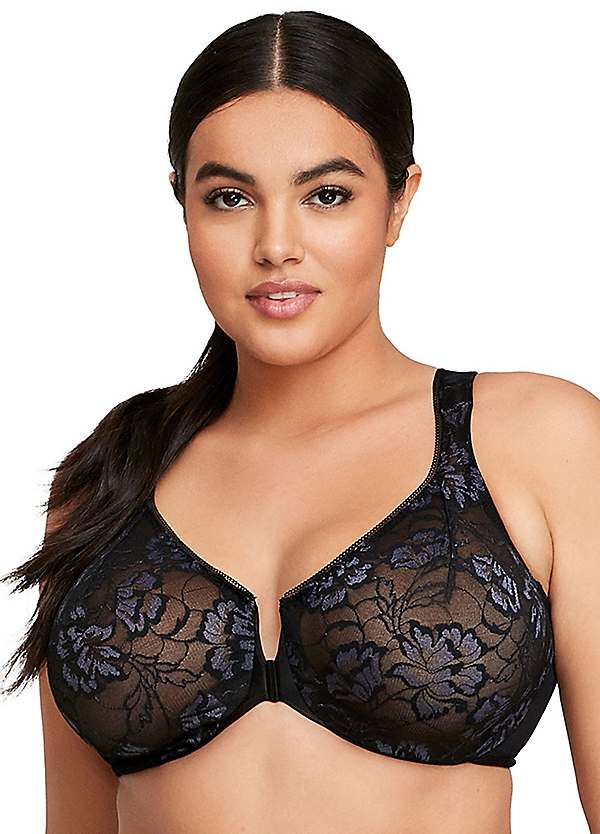 Full Figure Wonderwire Front Close Stretch Lace Bra with narrow set Straps  by Glamorise