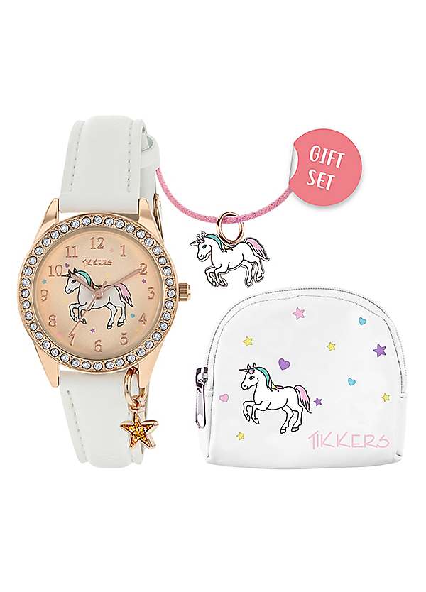 Tikkers Girls White PU Strap Unicorn Watch necklace and purse set by Tikkers