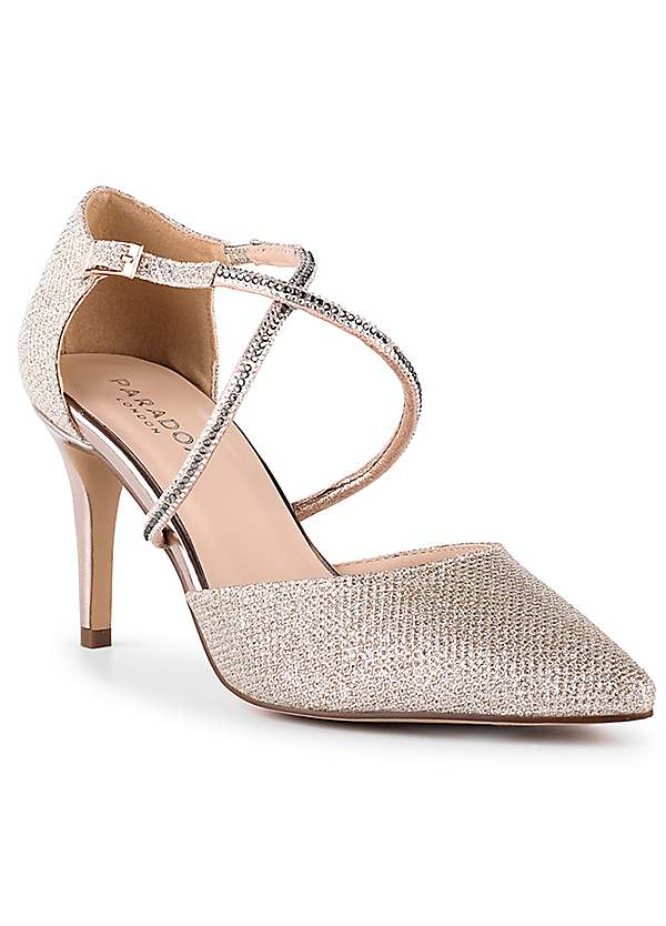 Glitter Kennedy Champagne High Heel Ankle Strap Court Shoes by Paradox London