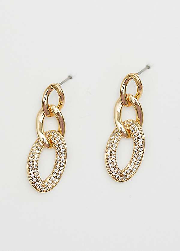 Gold Plated Polished and Crystal Chain Drop Earrings by Jon