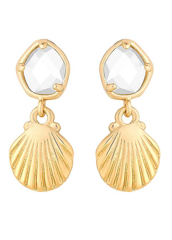 Gold Plated Shell and Crystal Drop Earrings by Jon Richard Look
