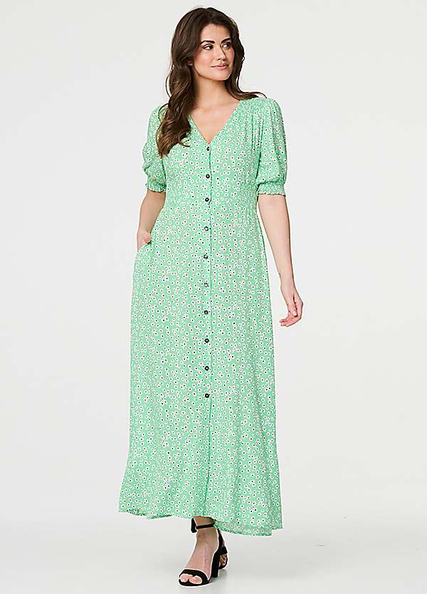 Green Ditsy Floral Short Puff Sleeve Maxi Dress by Izabel London