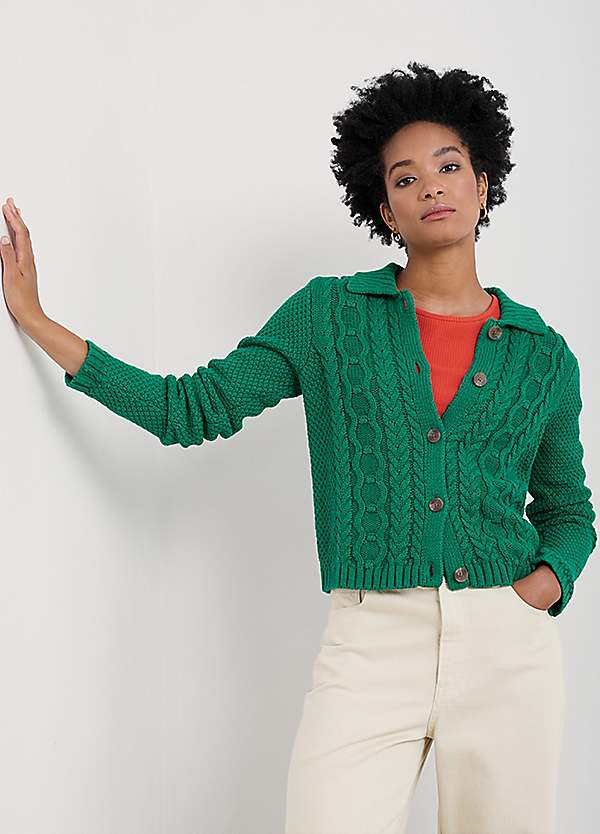 Green Forest Ridge Cable Knit Collared Cardigan by Seasalt