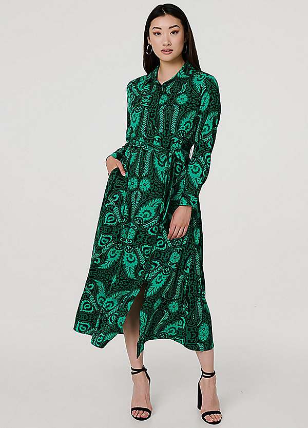 Green Paisley Long Sleeve Midi Shirt Dress by Izabel London Look