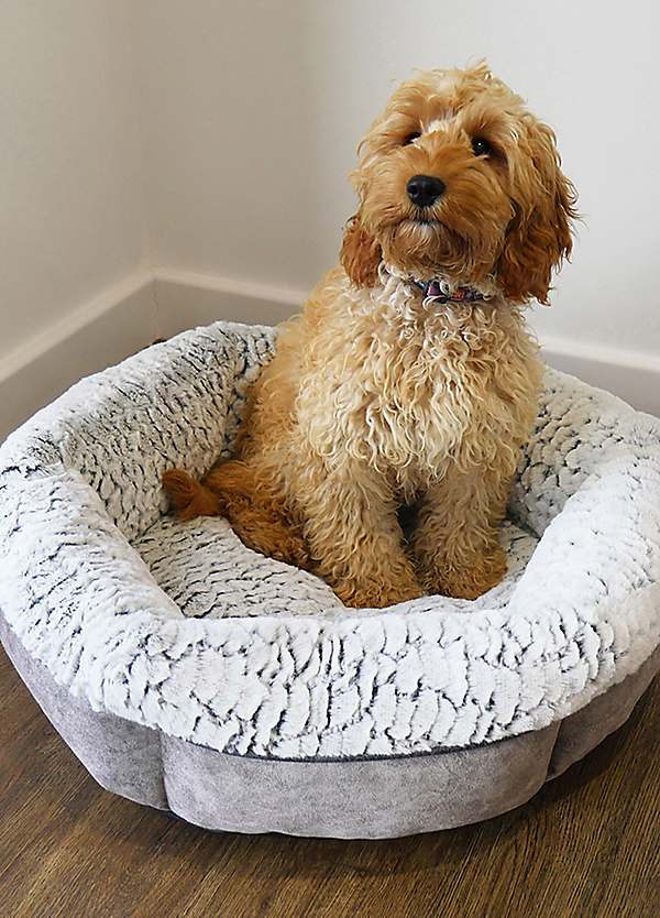 Grey Luxury Fleece Lined Plush Round Dog Bed Look Again