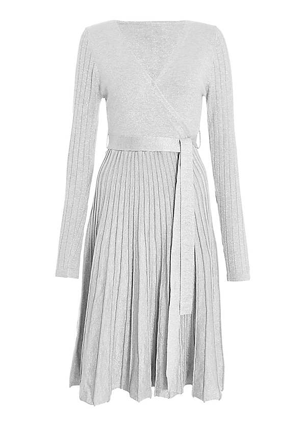 Grey Metallic Yarn Pleated Knitted Dress by Quiz Look Again