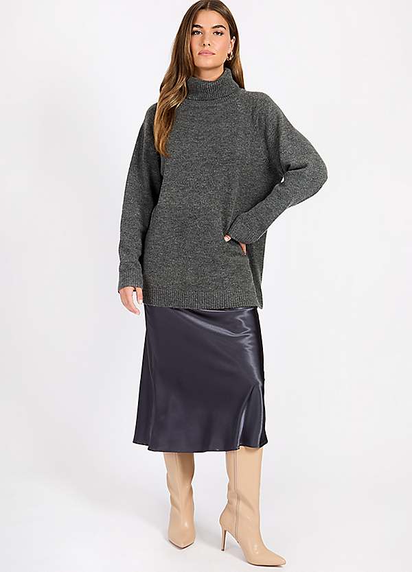 Grey Satin Midi Slip Skirt by Vogue Williams by Little Mistress