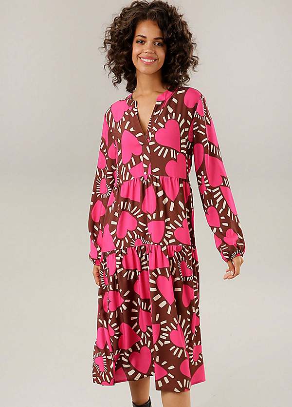 Heart Print Long Sleeve Midi Dress by Aniston Look Again