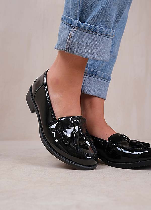 Imogen Black Patent Wide Fit Flatform Slip-On Loafer Shoes with