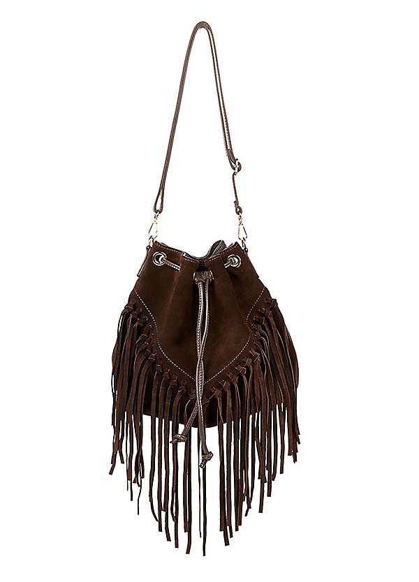 Genuine Leather Bucket Handbag with Braided Tassel Fringe - Brown - 4171