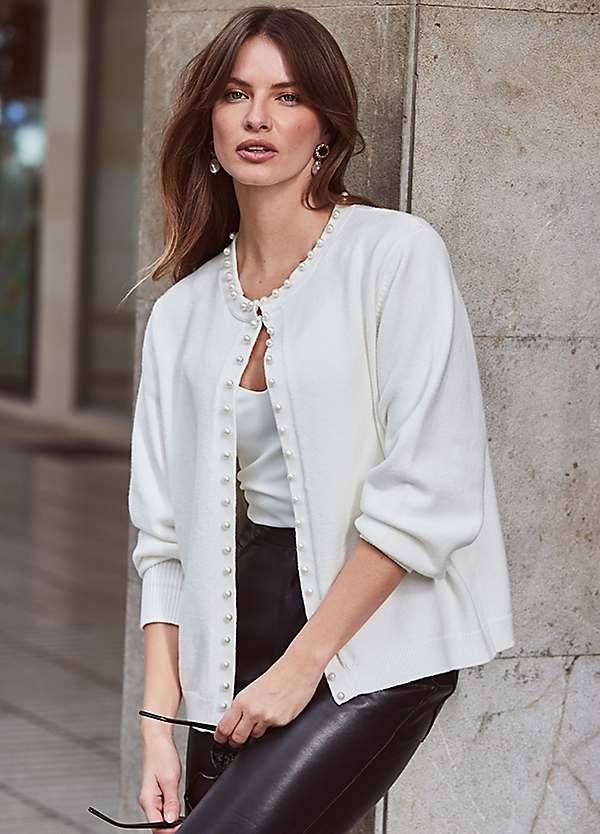 Ivory Pearl Embellished Trim Cardigan by Sosandar | Look Again