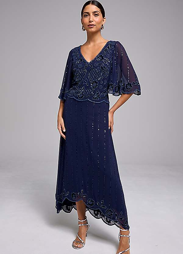 high low beaded dress Kaleidoscope Navy Hi-Low Blue Plaid Wool Blend Below the KneeBelow the Knee Size:XS - S None Embellishment