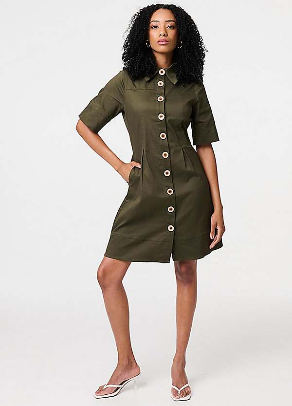 Khaki Boxy Button Down Shirt Mini Dress by Izabel London