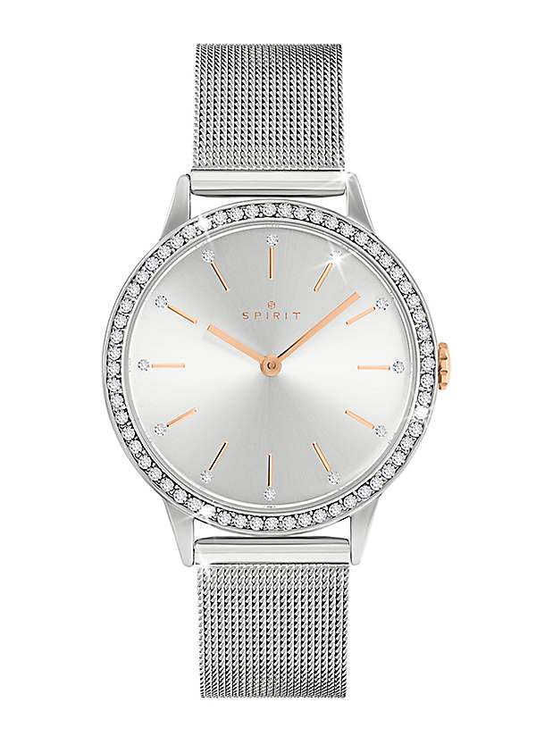 Ladies Silver Plated Stone Set Stainless Steel Mesh Bracelet Watch