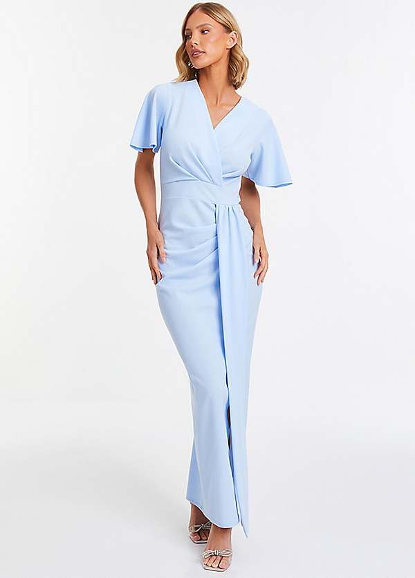 Light Blue Scuba Crepe Wrap Maxi Dress with Short Sleeve by Quiz Look Again