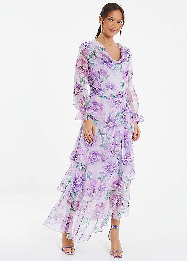 Lilac Chiffon Floral Cowl Neck Long Sleeve Maxi Dress by Quiz