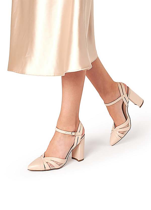 London 'Kimora' Nude Block Heel Ankle Strap Pointed Court Shoes by