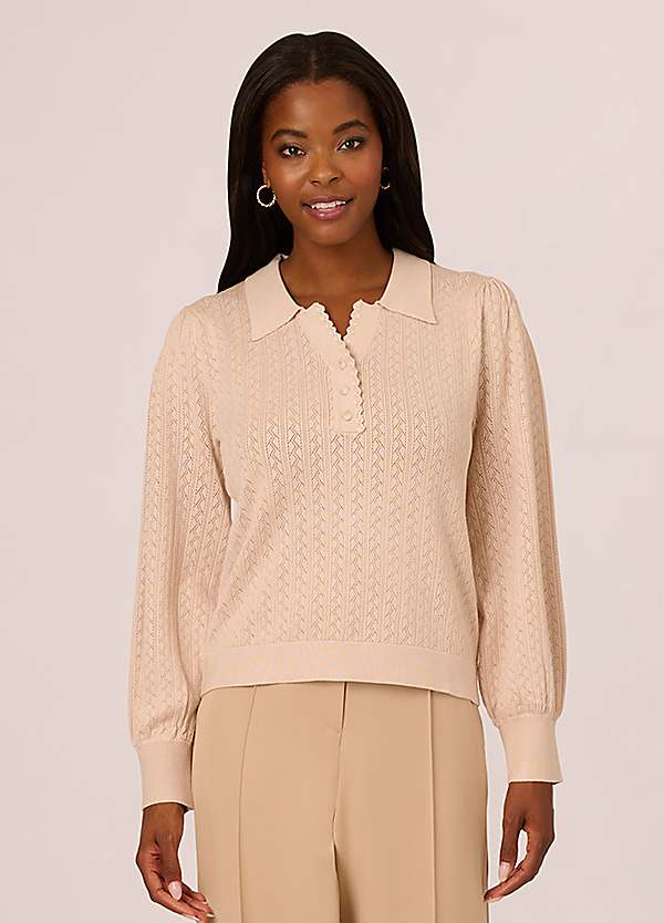 Long Sleeve Pointelle Jumper with a Polo Collar by Adrianna Papell Look Again