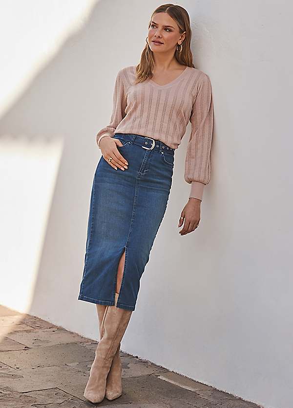 Mid Blue Denim Buckle Detail Midi Skirt by Sosandar Look Again