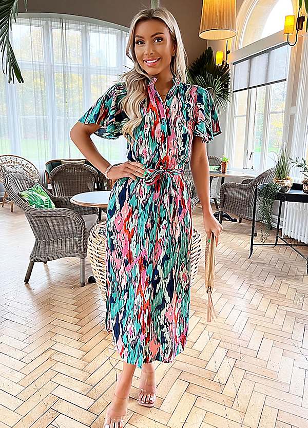 Multi Abstract Printed Tie Waist Short Sleeve Shirt Dress by AX