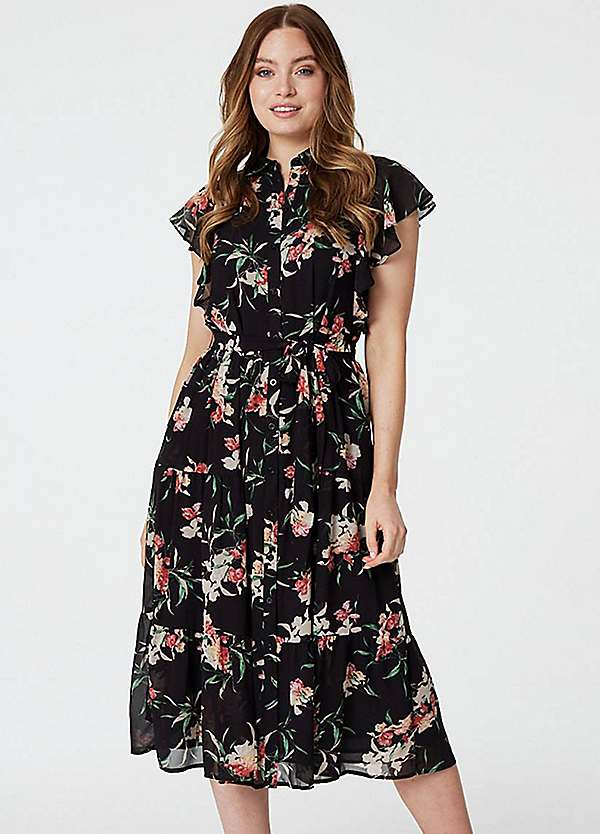 Multi Black Floral Angel Sleeve Shirt Dress by Izabel London