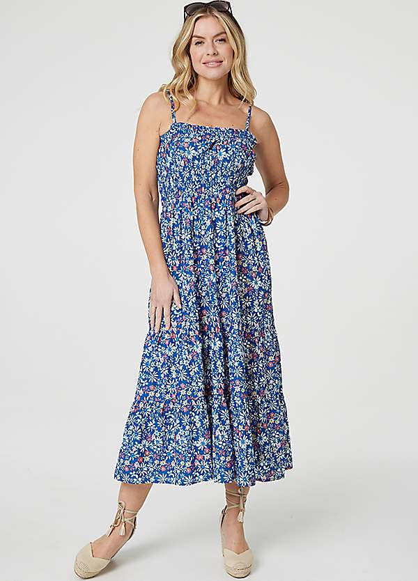 Multi Blue Floral Sleeveless Midi Sun Dress by Izabel London