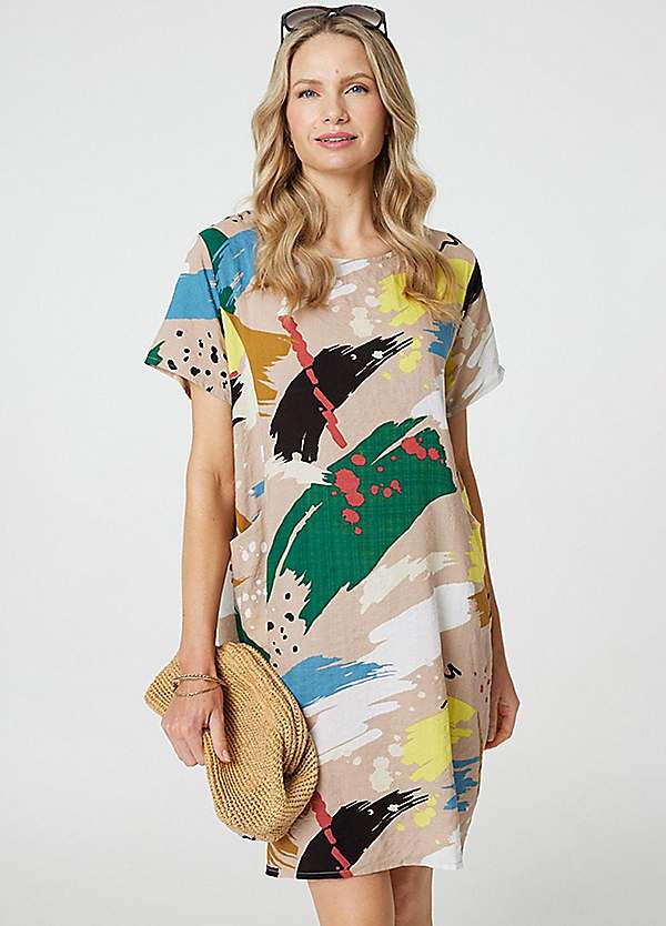 Multi Green Brushstroke Print Knee Length Shift Dress by Izabel London